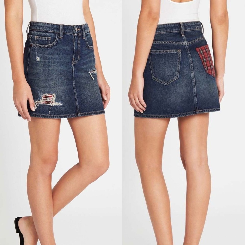Current Elliott Distressed Denim Mini Skirt Size 25 Red Plaid Pocket Grunge